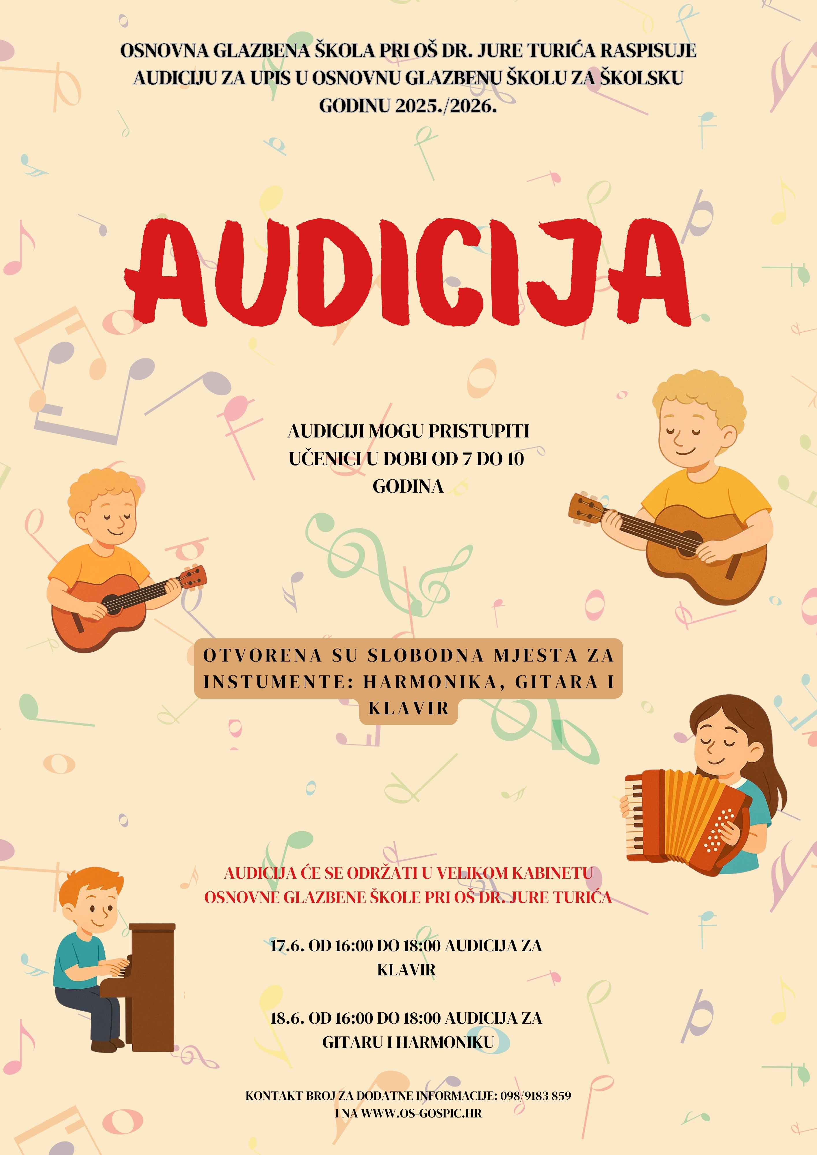Poziv na audiciju za upis u Osnovnu glazbenu školu